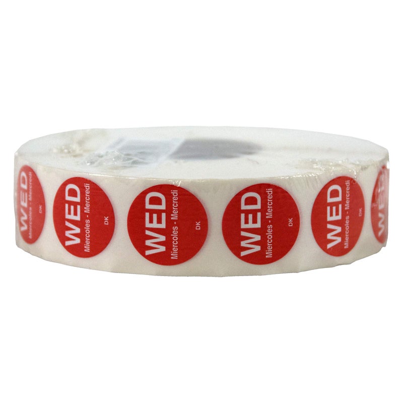 DayMark Safety Systems DuraMark IT110059-3-WED Day of The Week Trilingual Permanent Label, Wednesday, 3/4" Circle, Red (Roll of 2000) - Image 1